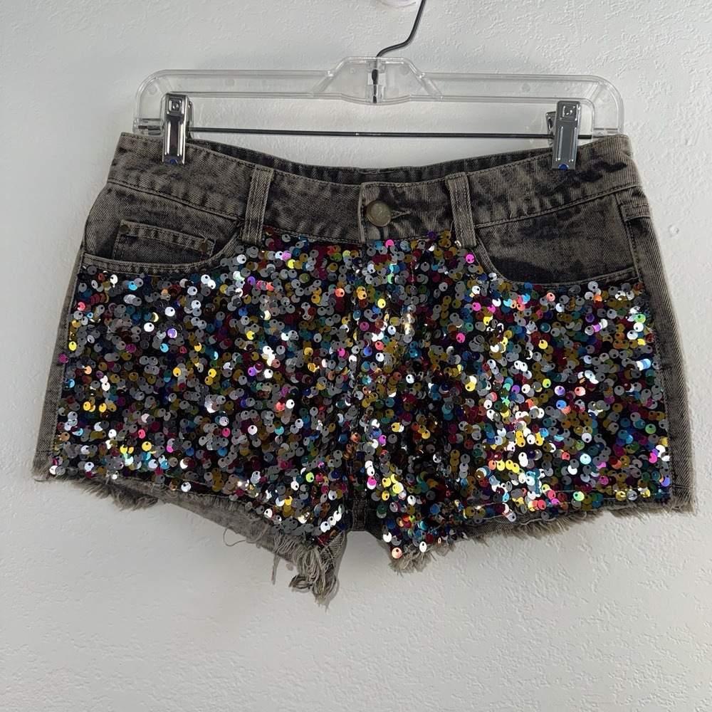 2 Hot & Delicious Sequin Denim Shorts Women Size S Acid Wash Festival Sparkle